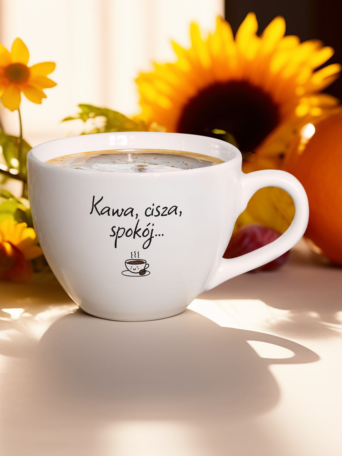 KAWA, CISZA, SPOKÓJ / kubek biały z uchem / 500 ml